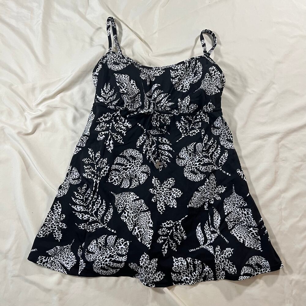 NWT Swim Solutions Black White Palm Print Swim Dress Wmns 12 Resortwear Beach